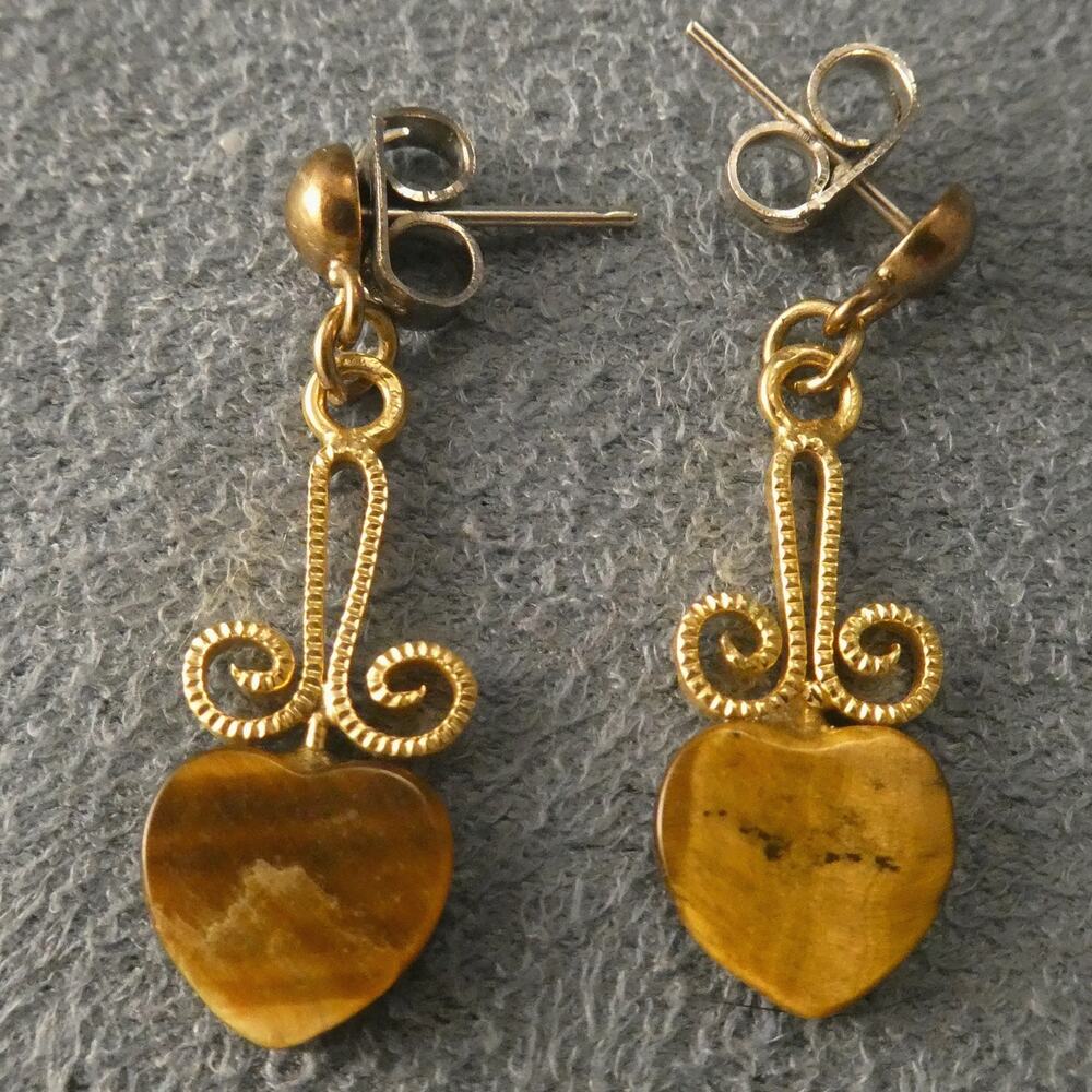 Vintage Tiger's Eye Heart Earrings Dangling Pierced